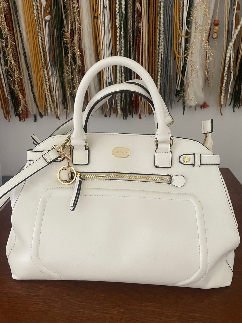 White Leather Top-Handle Satchel with Gold Hardware- Kate Landry